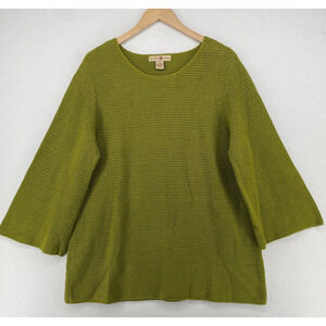 CONCEPT WOMAN Sweater 1X Ramie Cotton Crochet Jumper 3/4 Sleeve Pullover Green